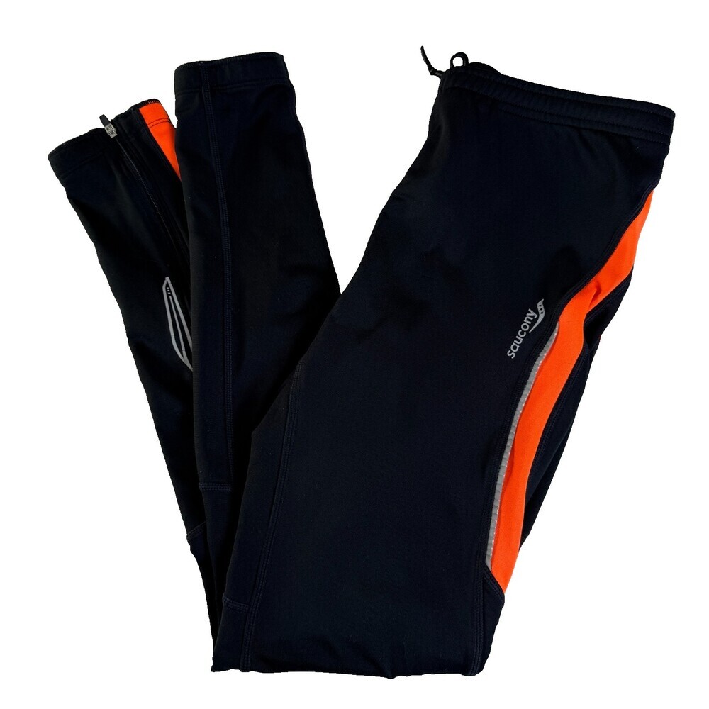 Saucony Women's XS VIZI Pro Running Tights Black & Neon Orange Reflective Zipper